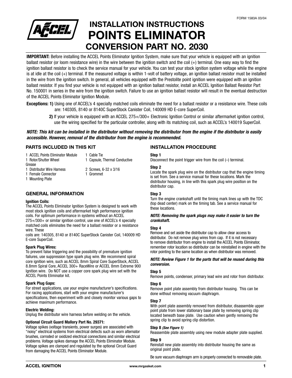 Mallory Ignition ACCEL POINTS ELIMINATOR CONVERSION 2030 User Manual | 3 pages