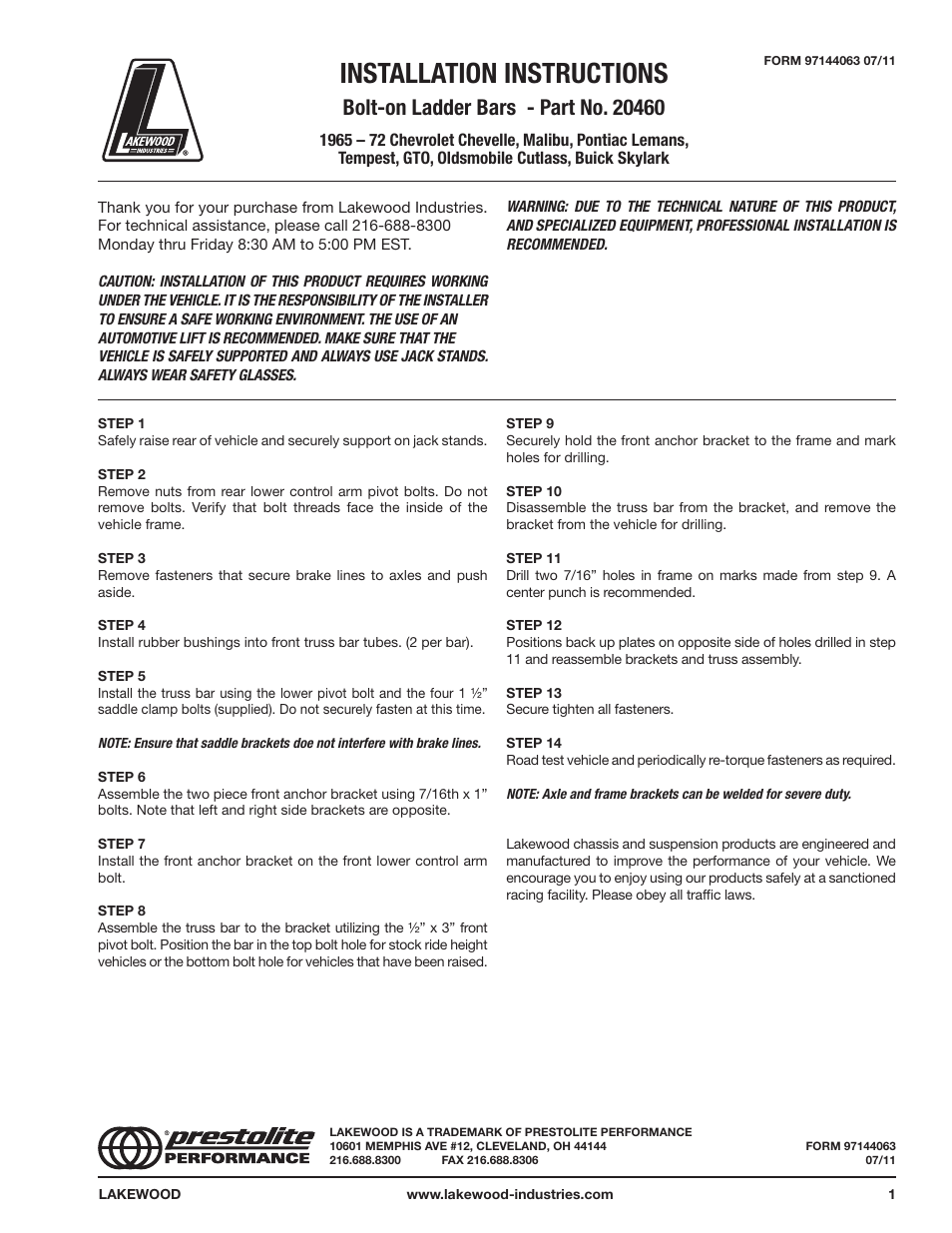 Mallory Ignition Lakewood Bolt-on Ladder Bars 20460 User Manual | 1 page