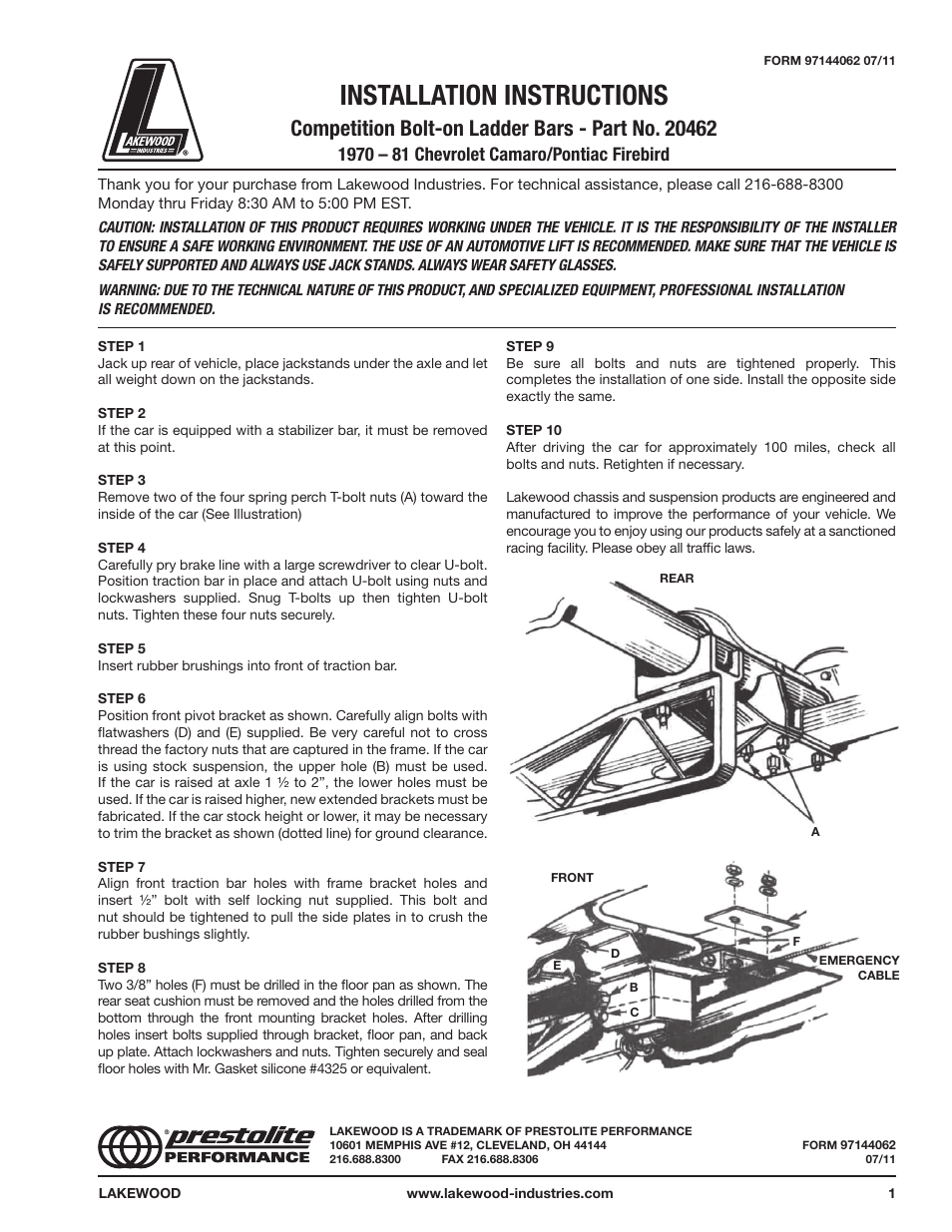 Mallory Ignition Lakewood Competition Bolt-on Ladder Bars 20462 User Manual | 1 page