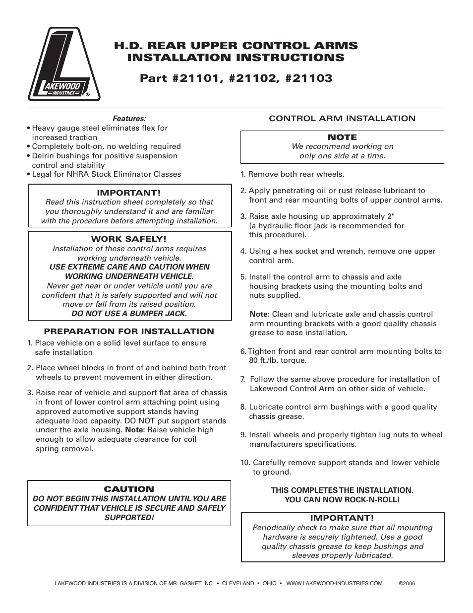 Mallory Ignition Lakewood REAR UPPER CONTROL ARMS 21101_21102_21103 User Manual | 2 pages