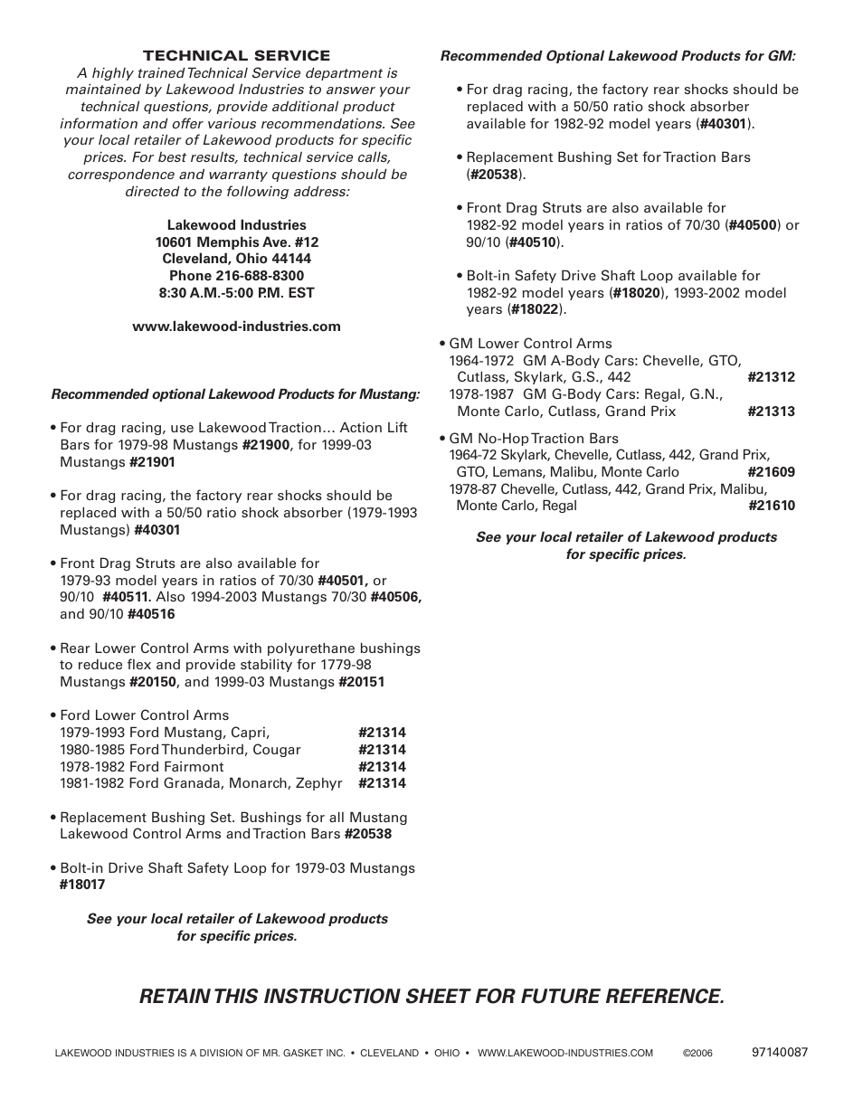 Retain this instruction sheet for future reference | Mallory Ignition Lakewood REAR UPPER CONTROL ARMS 21101_21102_21103 User Manual | Page 2 / 2