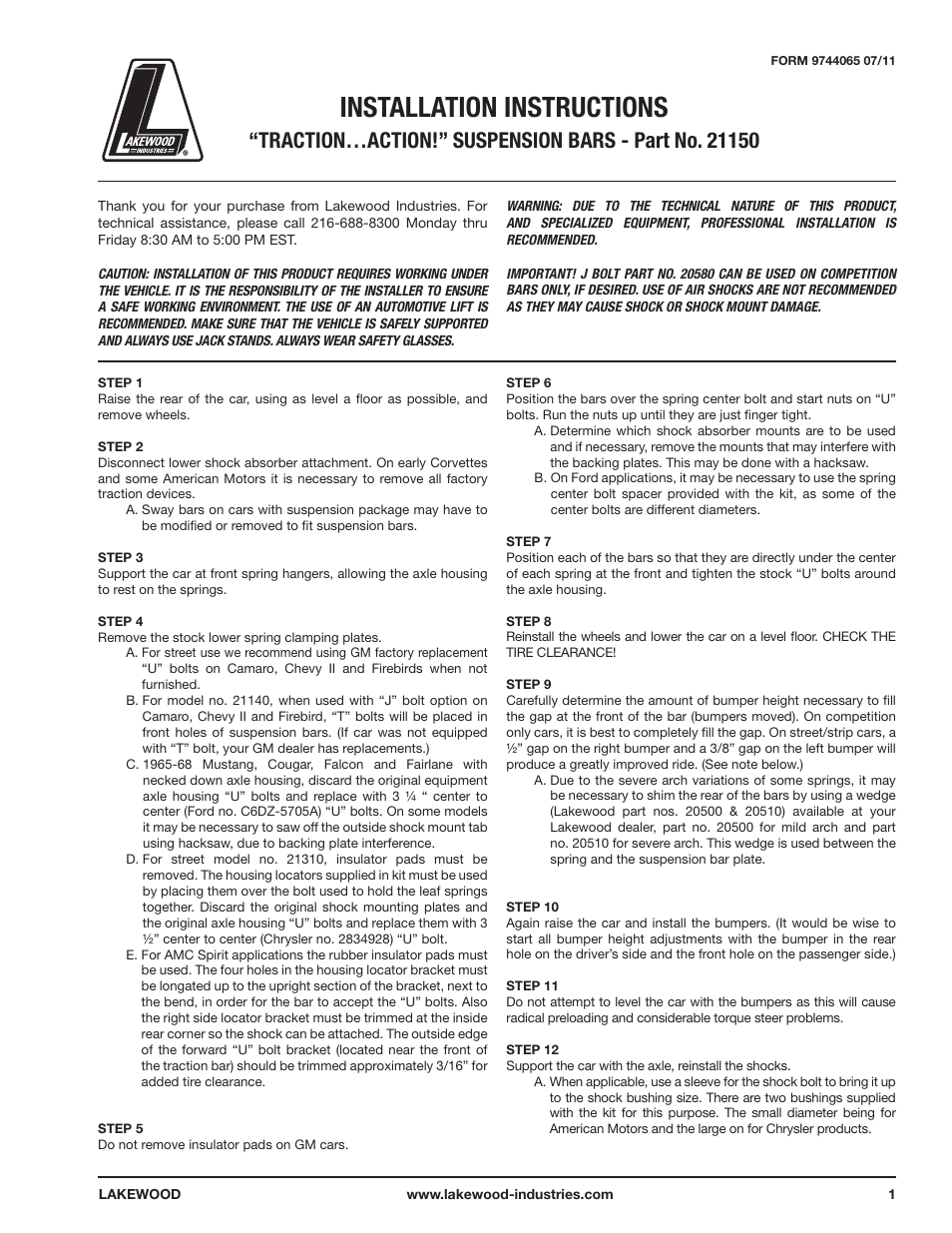 Mallory Ignition Lakewood SUSPENSION BARS 21150 User Manual | 2 pages