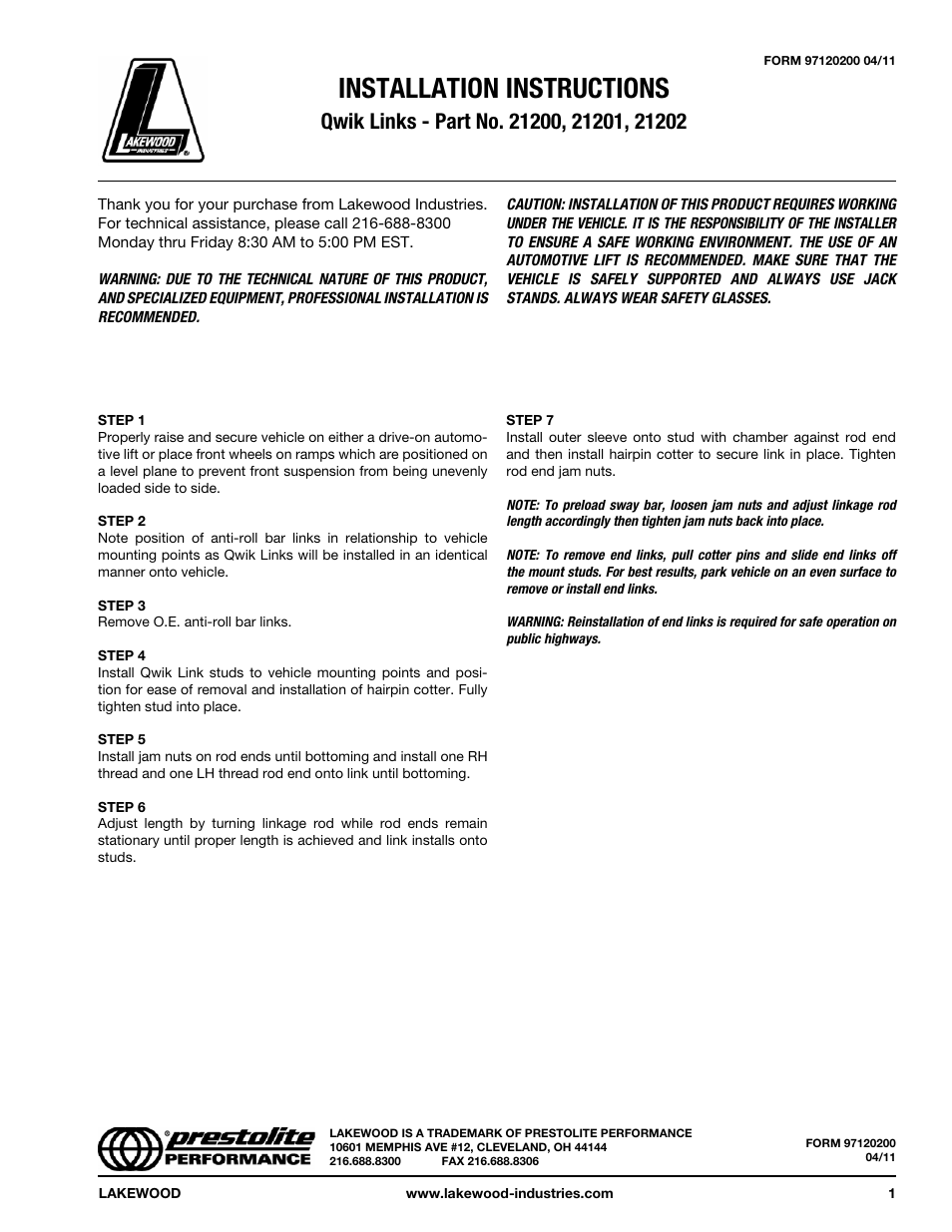 Mallory Ignition Lakewood Qwik Links 21200_21201_21202 User Manual | 1 page