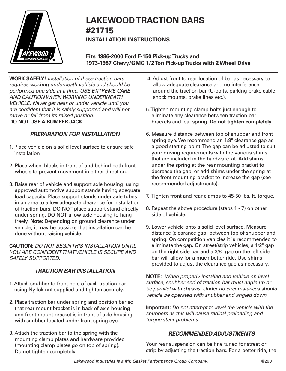 Mallory Ignition Lakewood traction bars 21715 User Manual | 2 pages