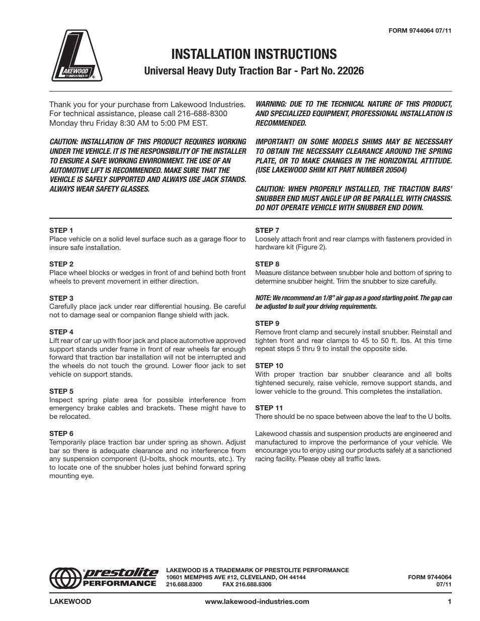 Mallory Ignition Lakewood Universal Heavy Duty Traction Bar 22026_22030 User Manual | 1 page