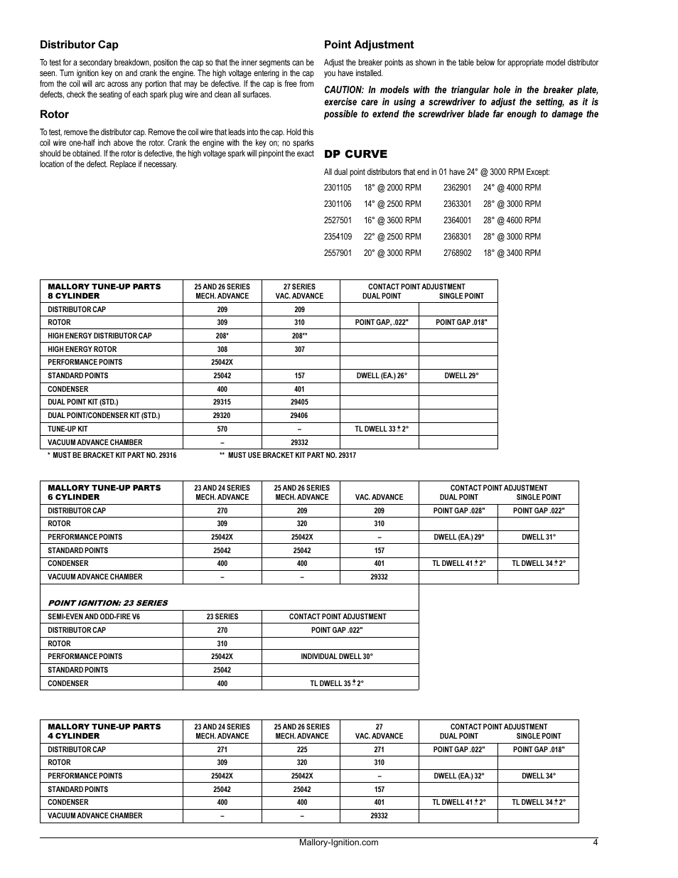 Distributor cap, Rotor, Dp curve | Point adjustment | Mallory Ignition Mallory Distributors 23_25_27 User Manual | Page 5 / 7