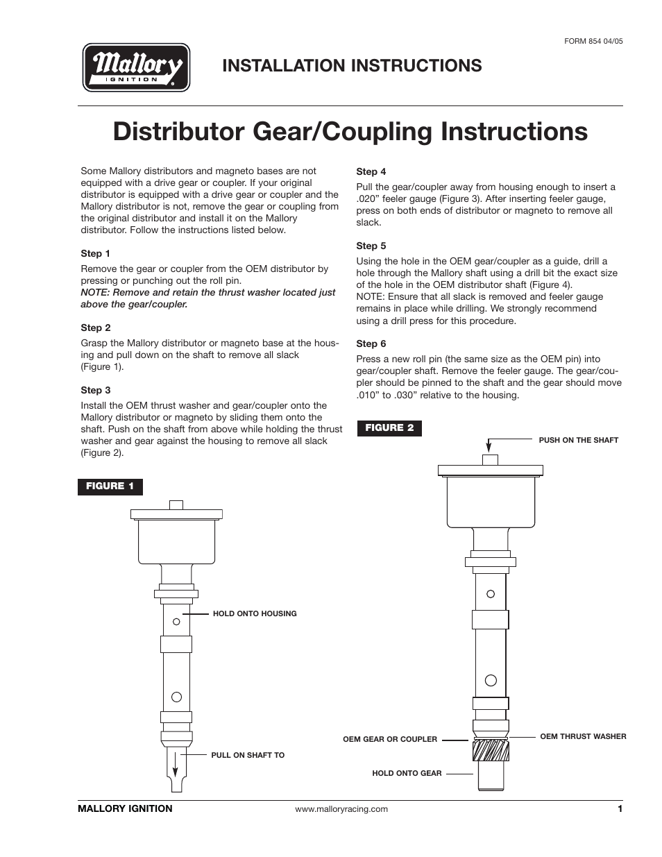 Mallory Ignition Mallory Distributor Gear/Coupling User Manual | 2 pages