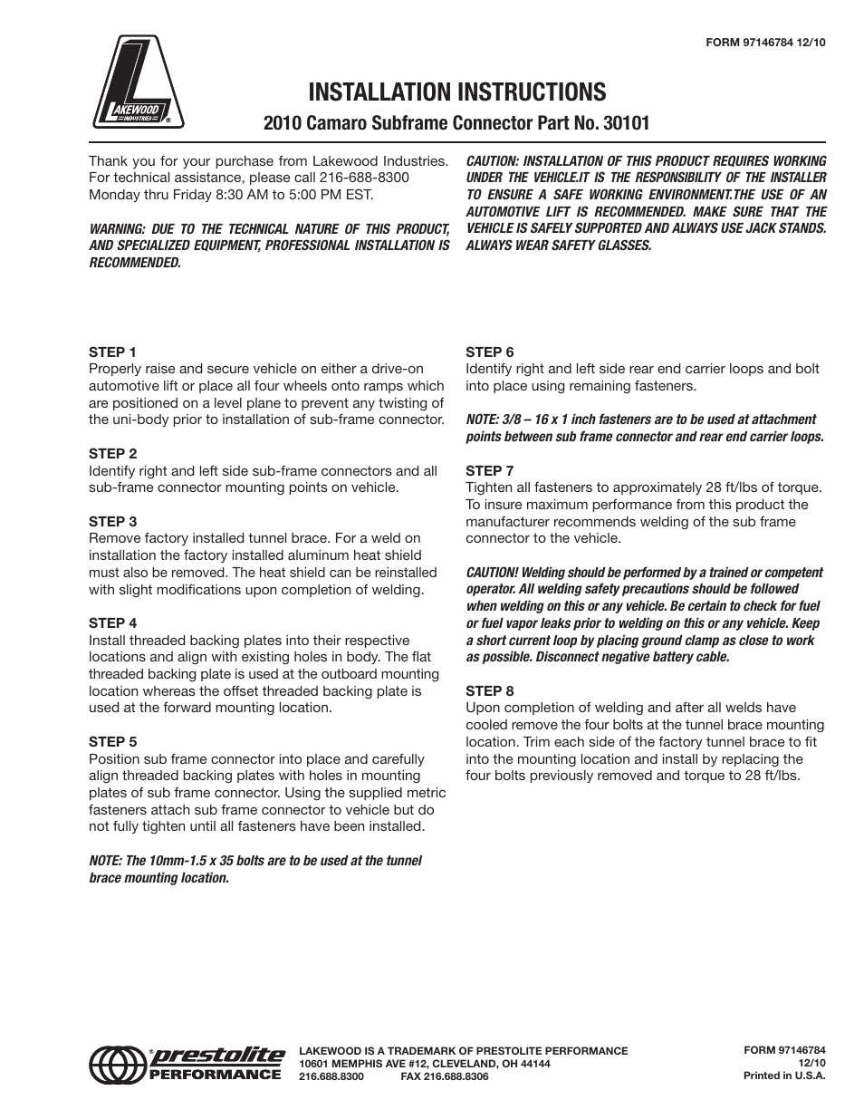 Mallory Ignition Lakewood Subframe Connector 30101 User Manual | 1 page