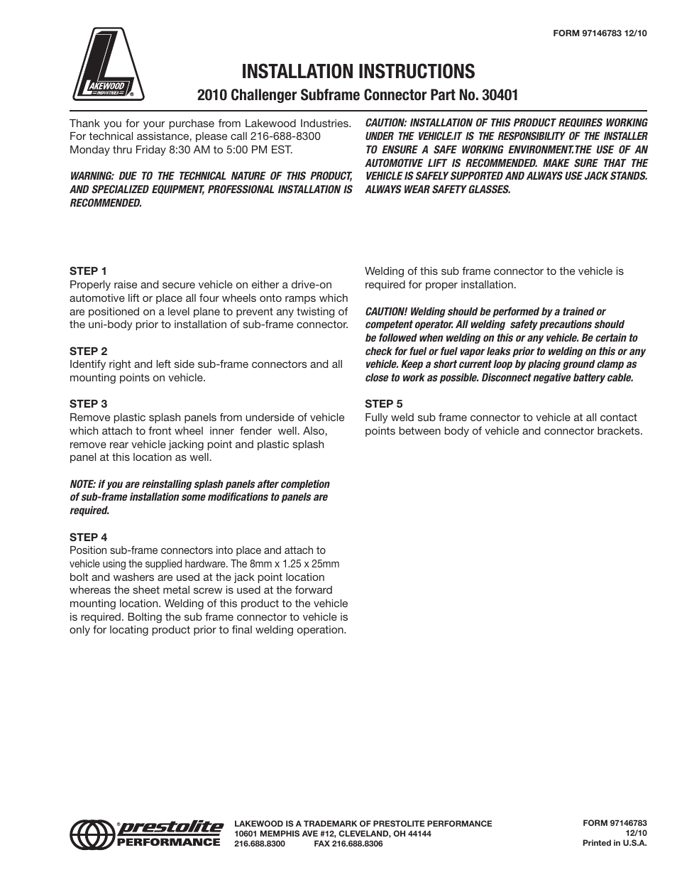 Mallory Ignition Lakewood Subframe Connector 30401 User Manual | 1 page