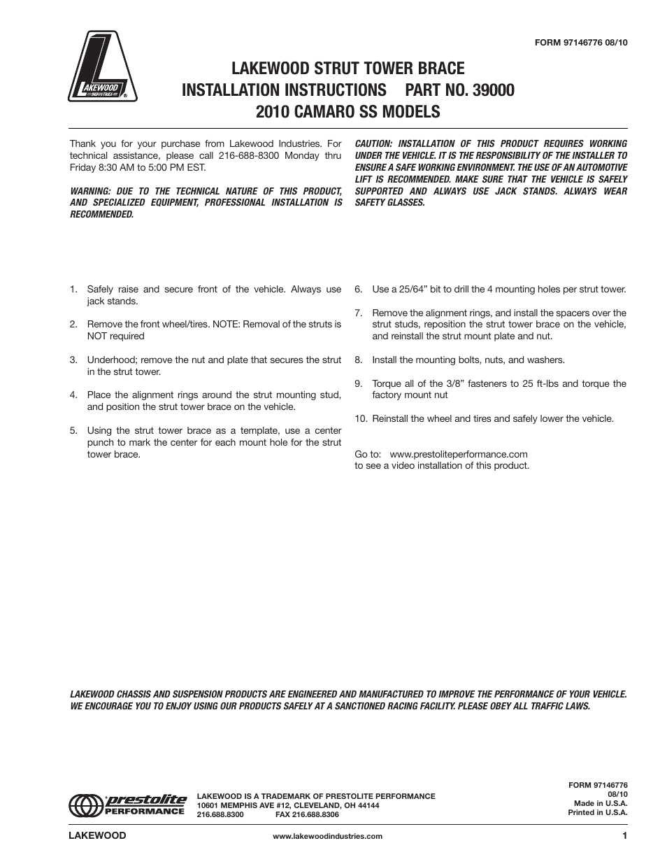 Mallory Ignition Lakewood STRUT TOWER BRACE 39000 User Manual | 1 page