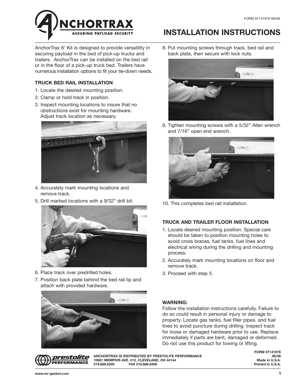 Mr. Gasket 3976 AnchorTrax: Universal Truck Bed Kit User Manual | 1 page