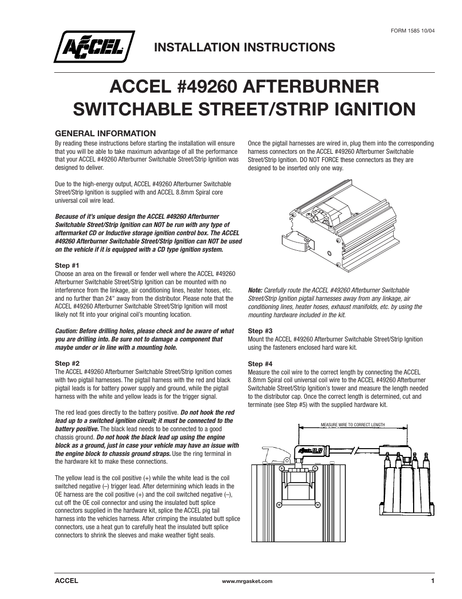 Mallory Ignition ACCEL AFTERBURNER SWITCHABLE STREET/STRIP IGNITION 49260 User Manual | 2 pages