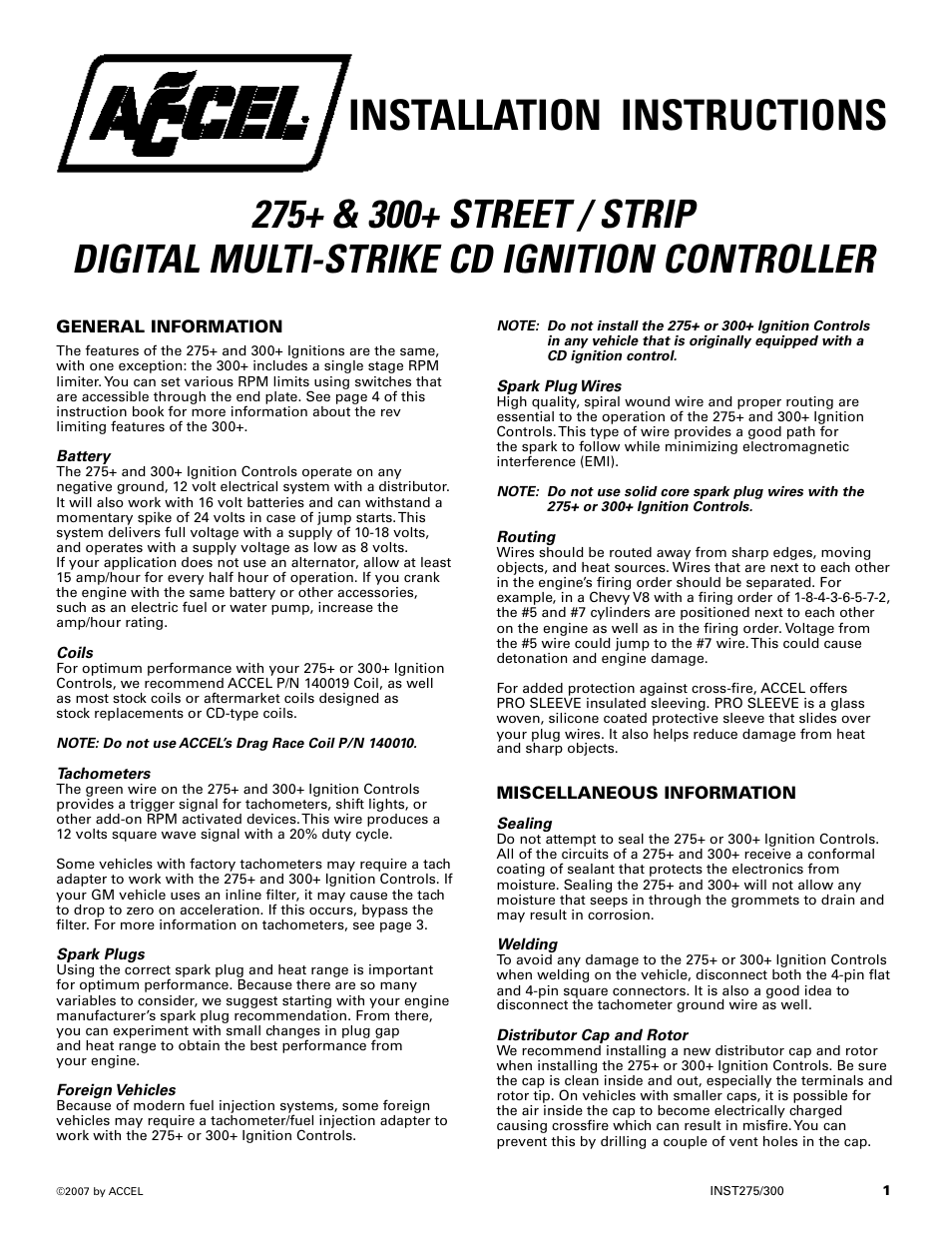 Mallory Ignition ACCEL 275_300 digital ignition 49275_49300 User Manual | 8 pages