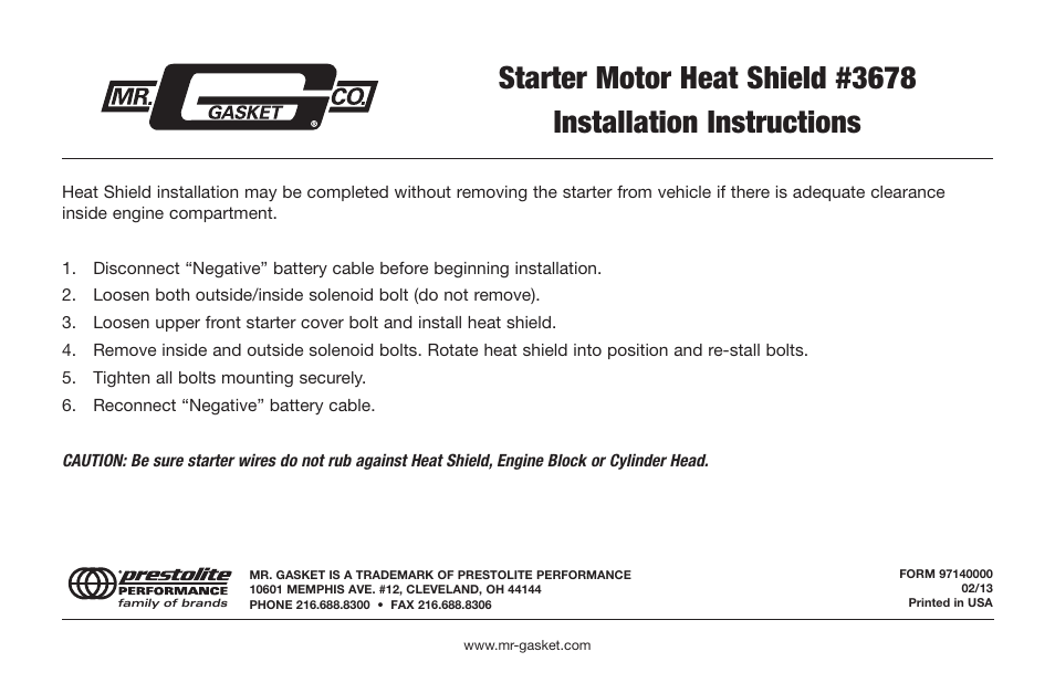 Mallory Ignition Mr_Gasket Starter Motor Heat Shield 3678 User Manual | 1 page
