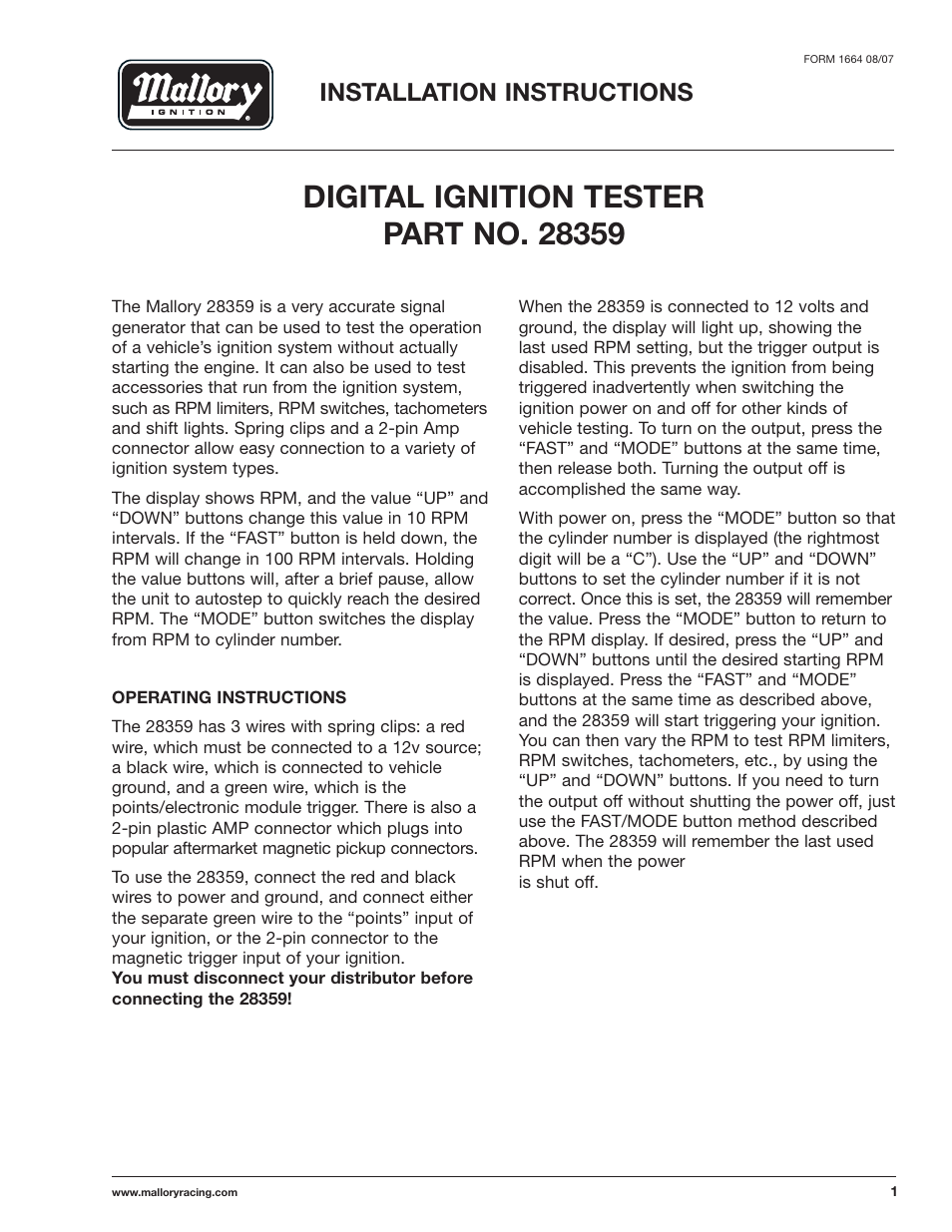 Mallory Ignition Mallory DIGITAL IGNITION TESTER 28359 User Manual | 2 pages