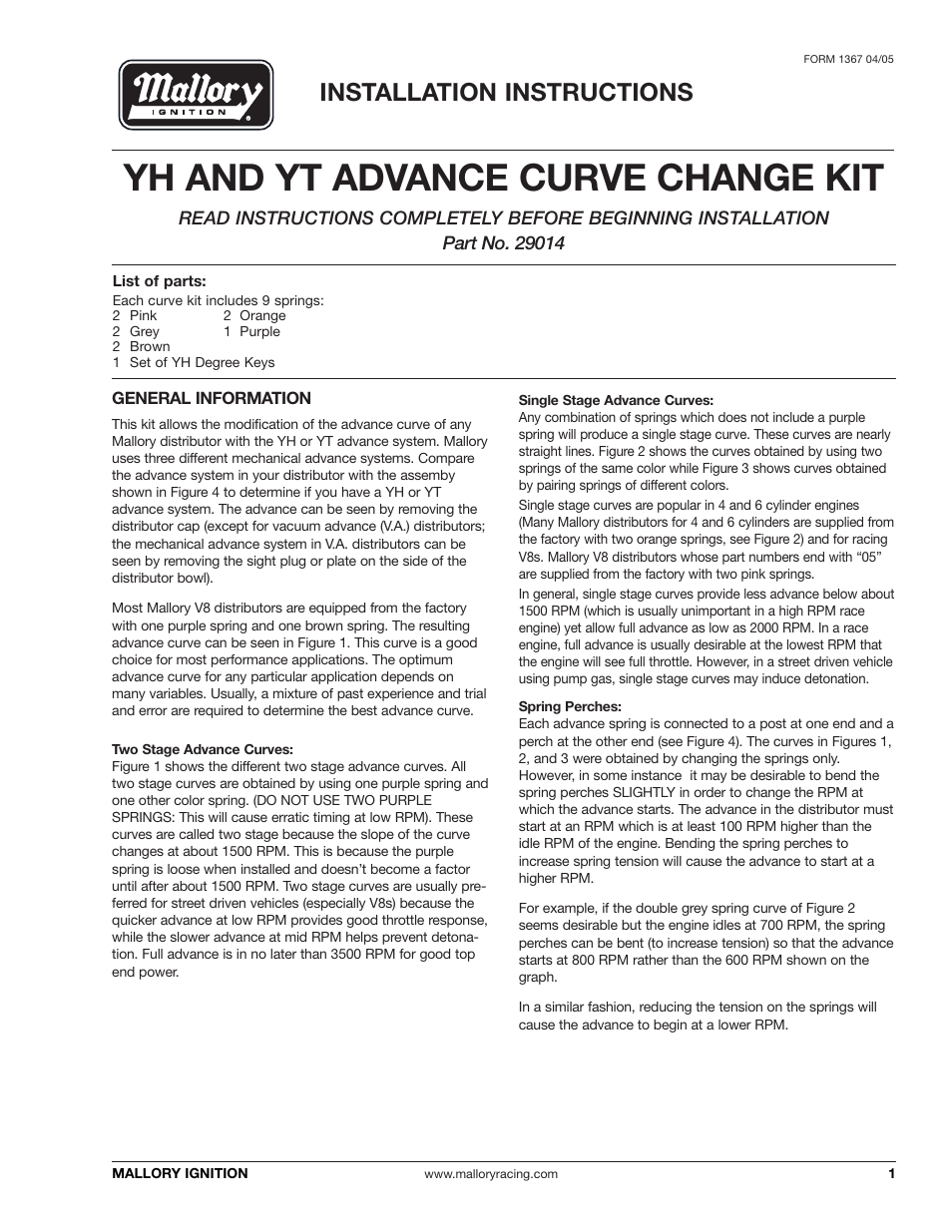 Mallory Ignition Mallory READ INSTRUCTIONS COMPLETELY BEFORE BEGINNING 29014 User Manual | 4 pages