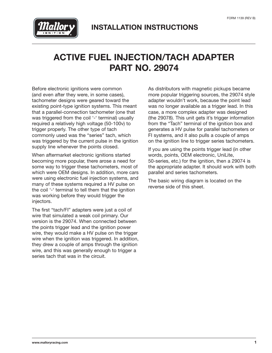 Mallory Ignition Mallory ACTIVE FUEL INJECTION/TACH ADAPTER 29074 User Manual | 2 pages