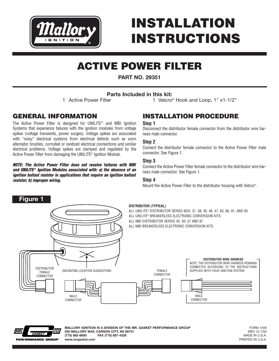 Mallory Ignition Mallory ACTIVE POWER FILTER 29351 User Manual | 1 page