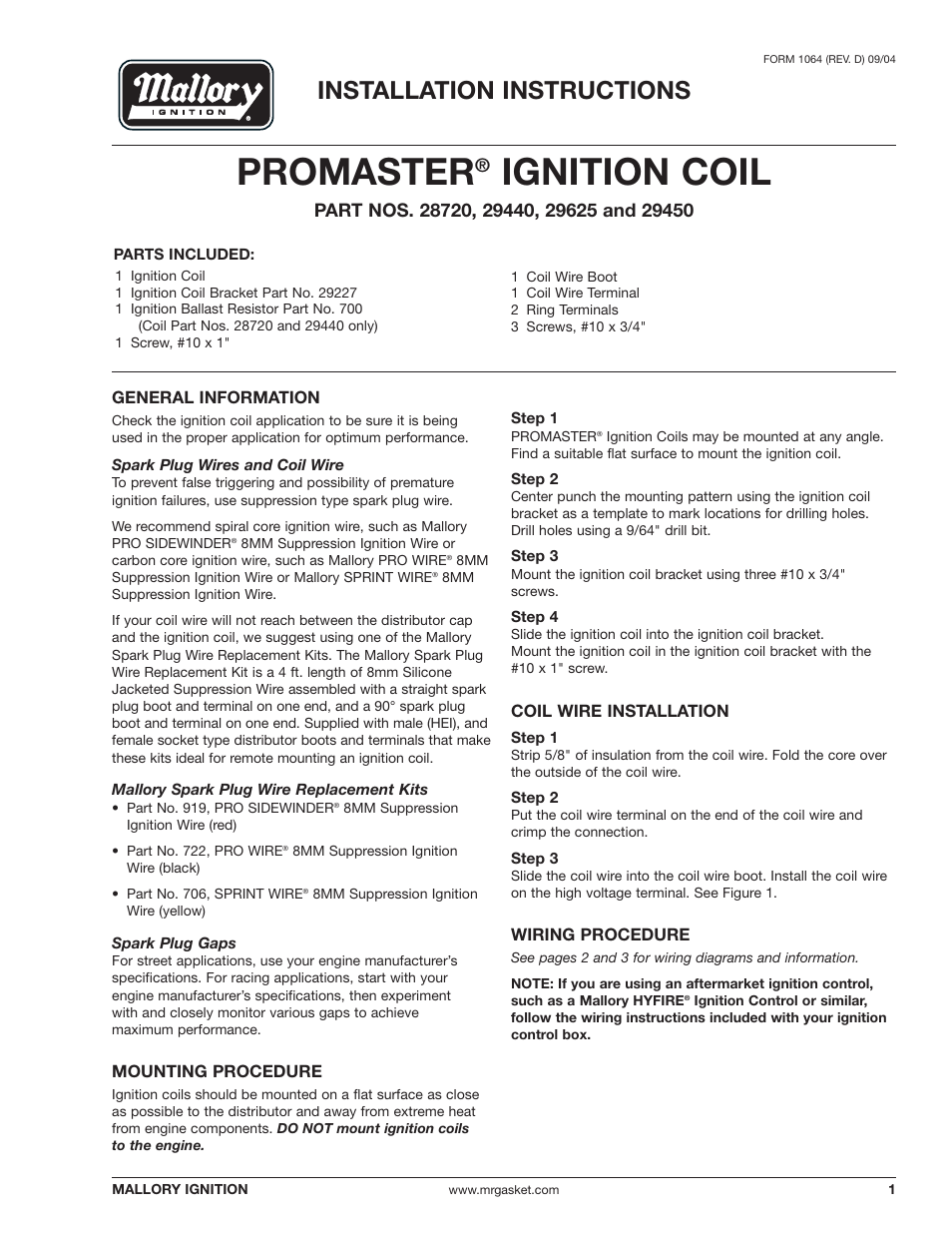 Mallory Ignition Mallory PROMASTER IGNITION COIL 29440_29450_29625_29450 User Manual | 12 pages