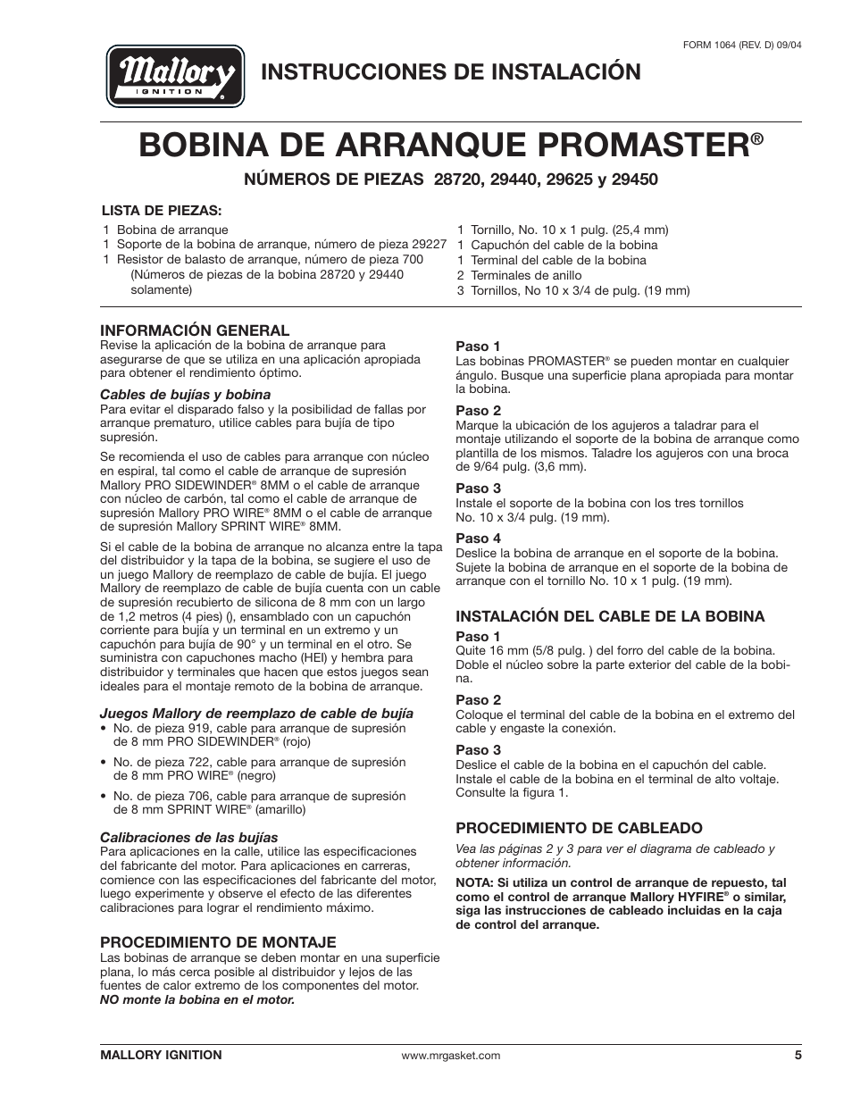 Bobina de arranque promaster, Instrucciones de instalación | Mallory Ignition Mallory PROMASTER IGNITION COIL 29440_29450_29625_29450 User Manual | Page 5 / 12