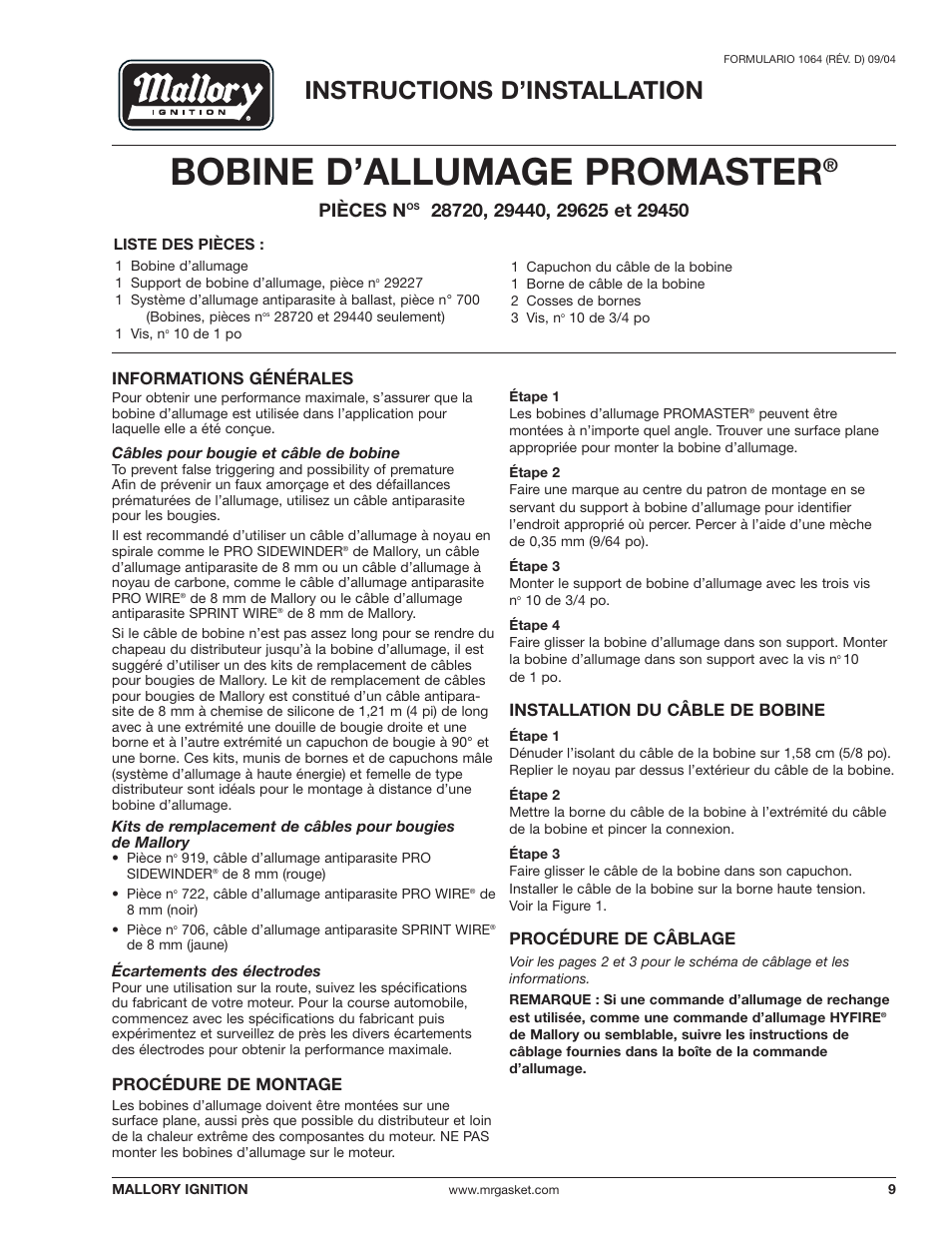 Bobine d’allumage promaster, Instructions d’installation, Pièces n | Informations générales, Procédure de montage, Installation du câble de bobine, Procédure de câblage | Mallory Ignition Mallory PROMASTER IGNITION COIL 29440_29450_29625_29450 User Manual | Page 9 / 12