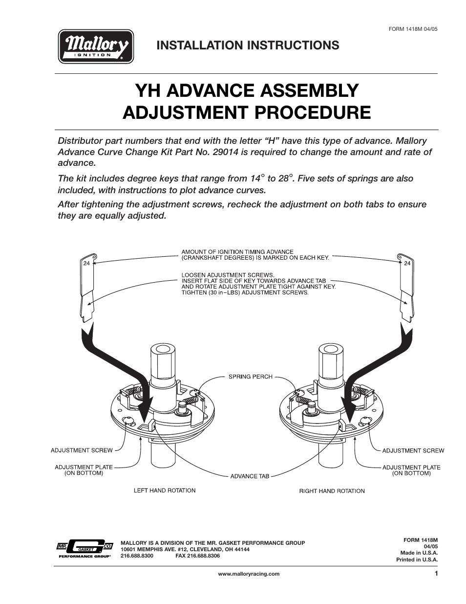 Yh advance assembly adjustment procedure, Installation instructions | Mallory Ignition Mallory BILLET COMPETITION DISTRIBUTOR SERIES 81 AND 84 User Manual | Page 3 / 3