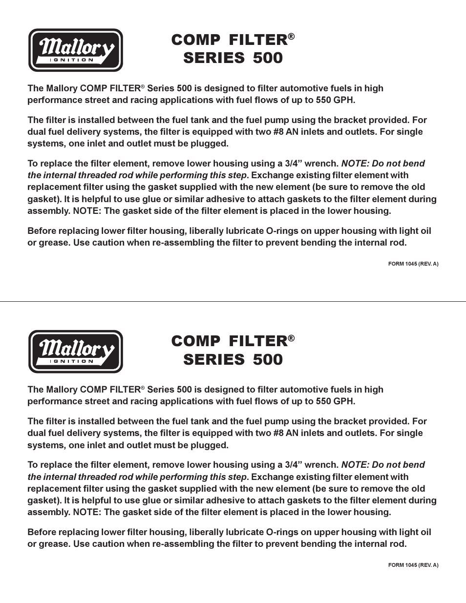 Mallory Ignition Mallory comp filter series_500 User Manual | 1 page