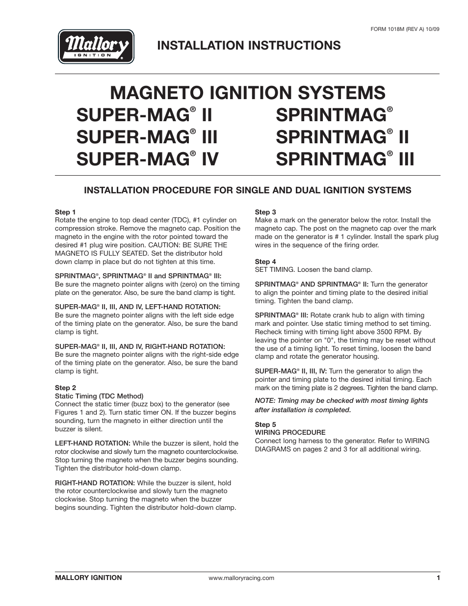 Mallory Ignition Mallory MAGNETO IGNITION SYSTEMS SPRINTMAG, SPRINTMAG II,III User Manual | 4 pages