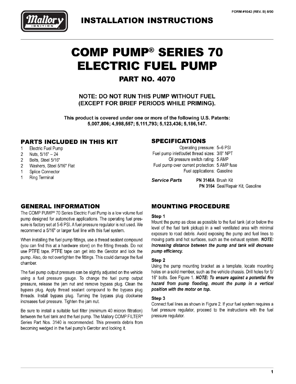 Mallory Ignition Mallory COMP PUMP SERIES 70 ELECTRIC FUEL PUMP 4070 User Manual | 4 pages