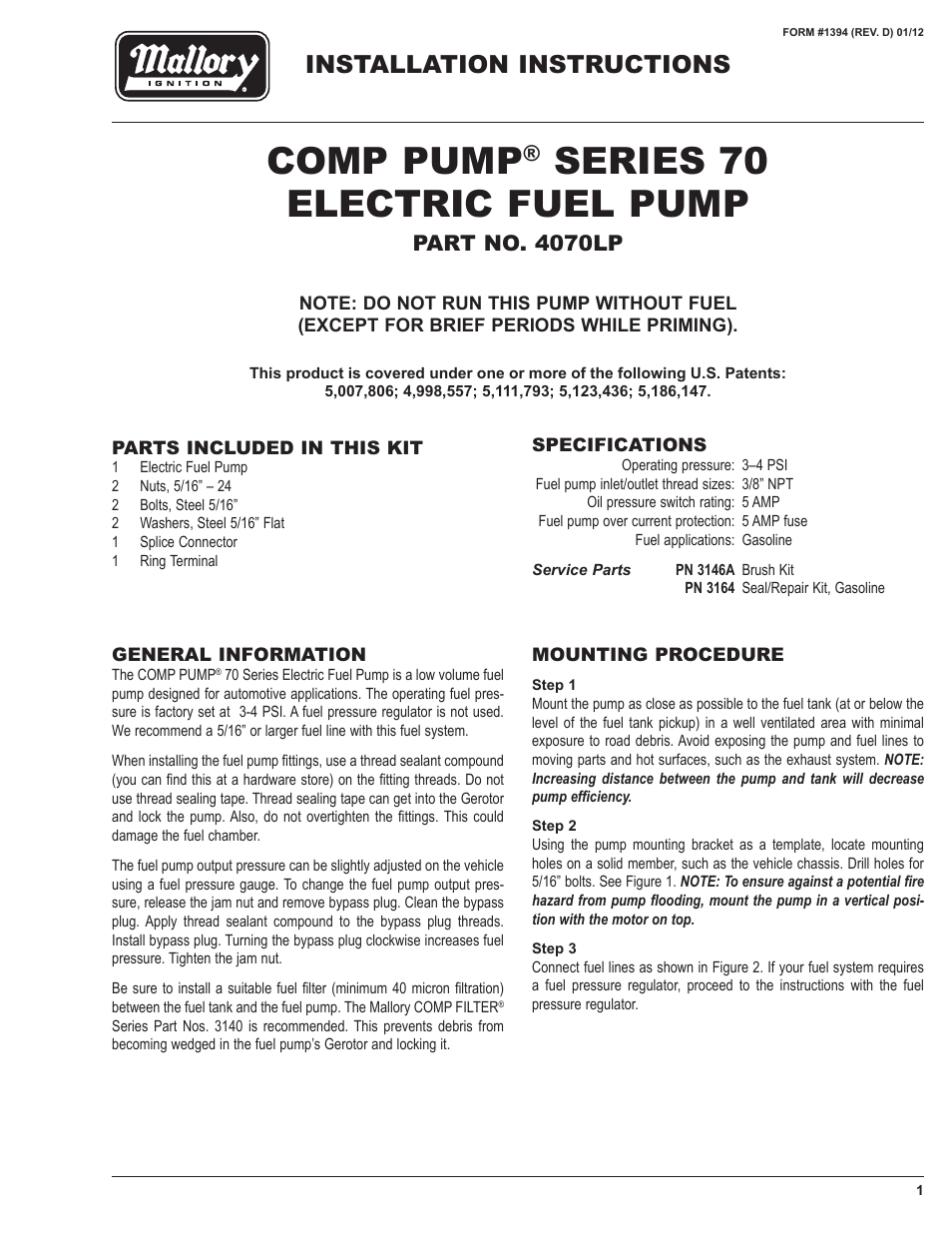 Mallory Ignition Mallory COMP PUMP SERIES 70 ELECTRIC FUEL PUMP 4070LP User Manual | 4 pages