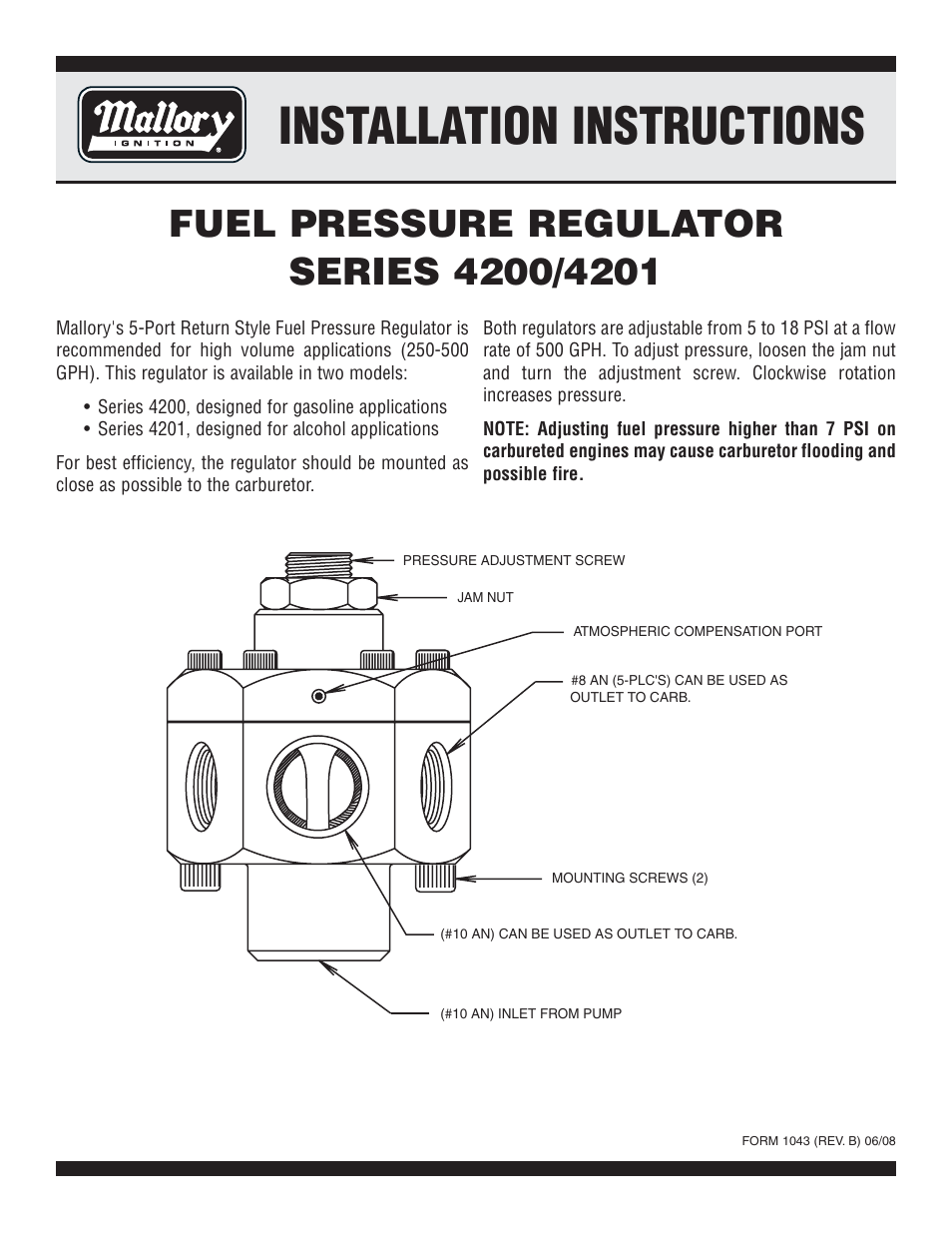 Mallory Ignition Mallory FUEL PRESSURE REGULATOR 4200_4201 User Manual | 1 page