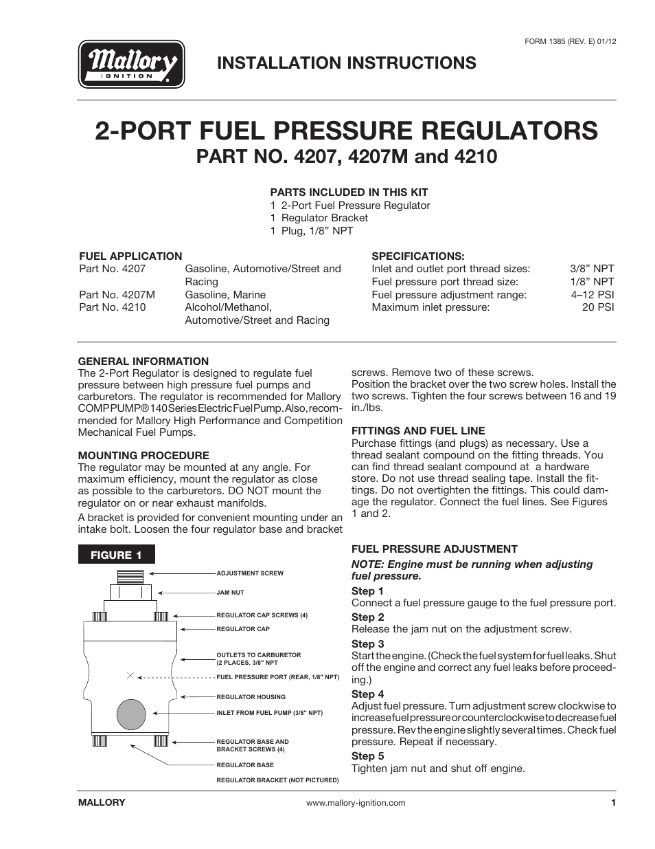 Mallory Ignition Mallory 2-PORT FUEL PRESSURE REGULATORS 4207_4210 User Manual | 2 pages