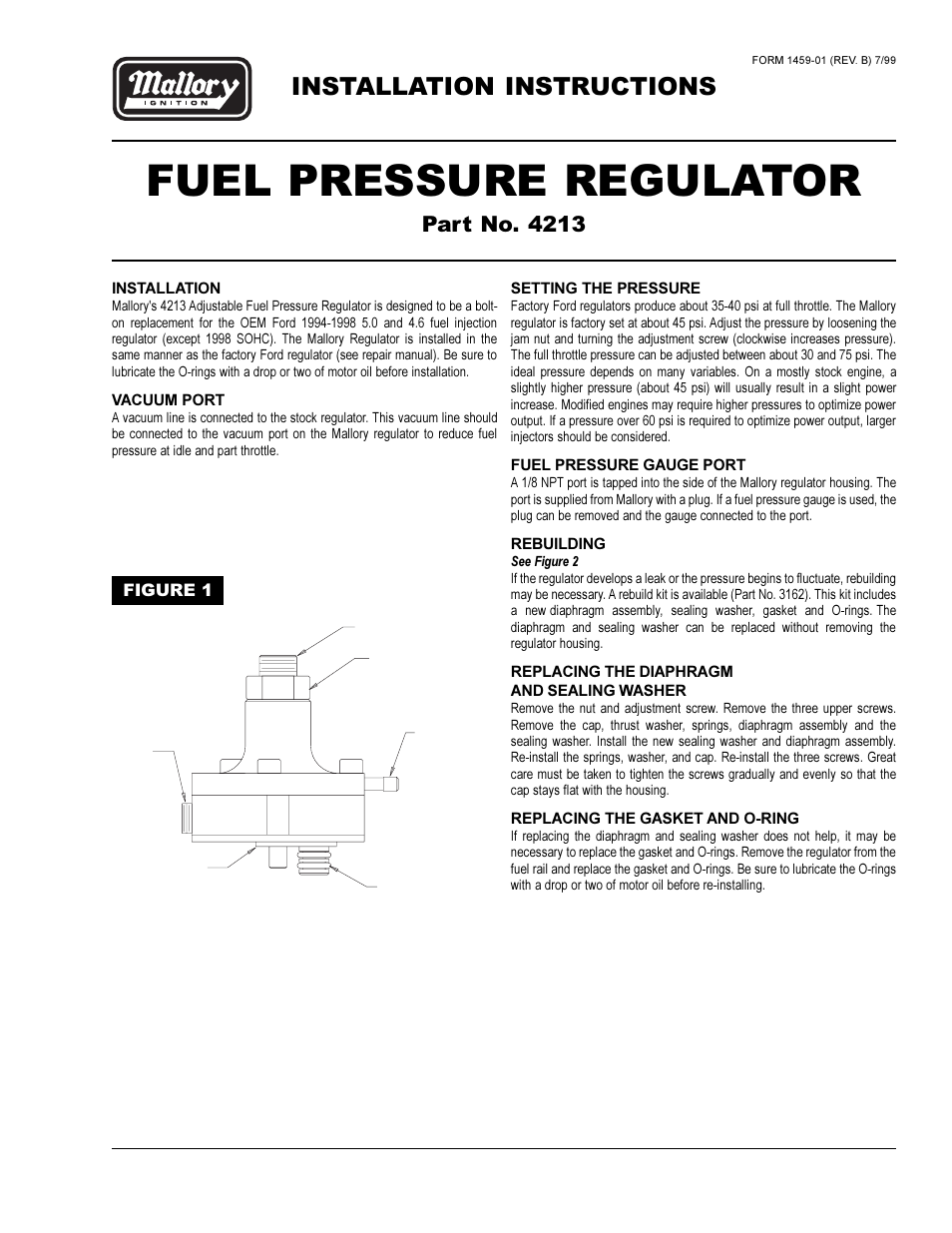 Mallory Ignition Mallory FUEL PRESSURE REGULATOR 4213 User Manual | 2 pages