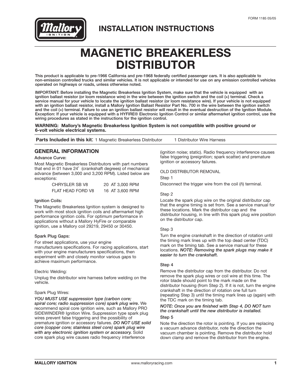 Mallory Ignition Mallory MAGNETIC BREAKERLESS DISTRIBUTOR User Manual | 4 pages