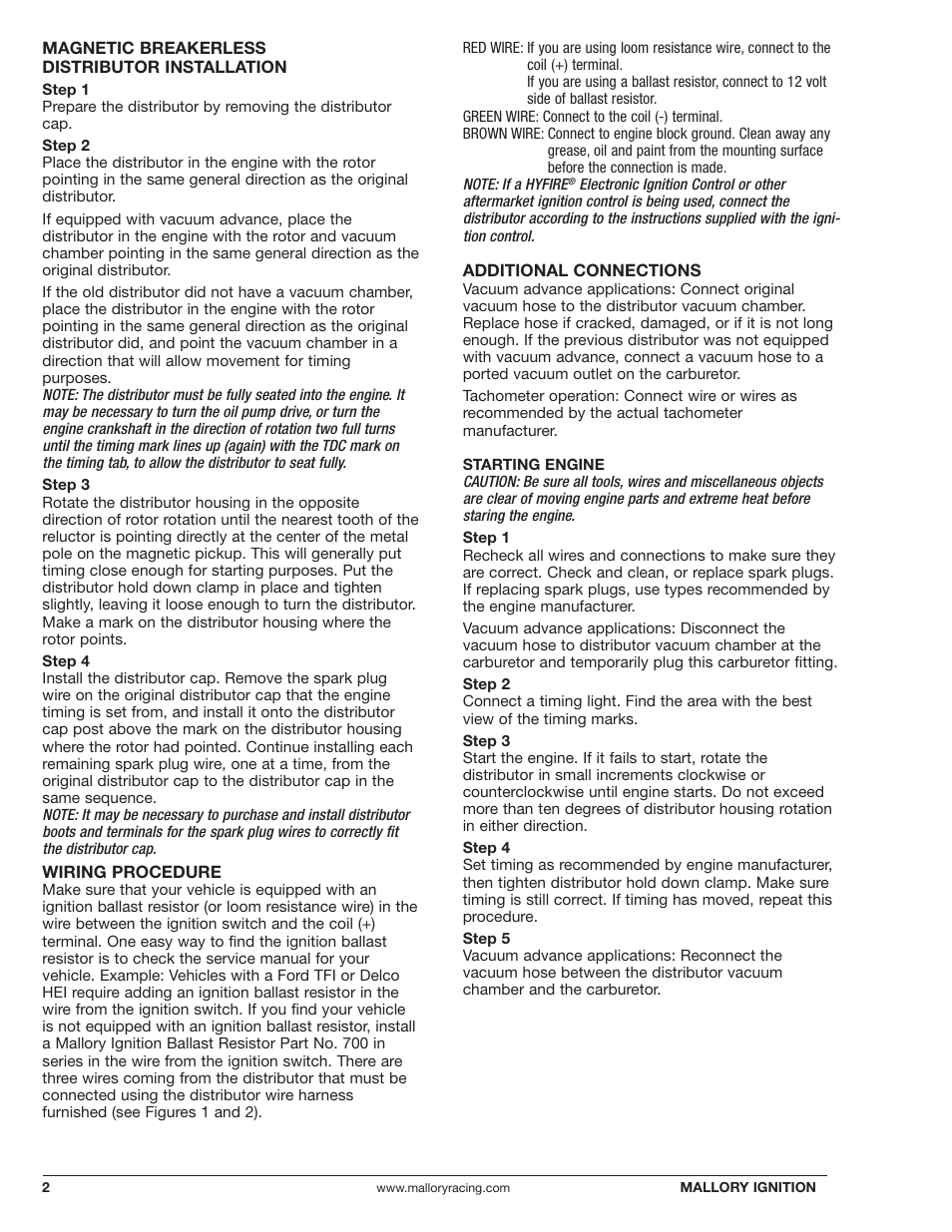 Mallory Ignition Mallory MAGNETIC BREAKERLESS DISTRIBUTOR User Manual | Page 2 / 4