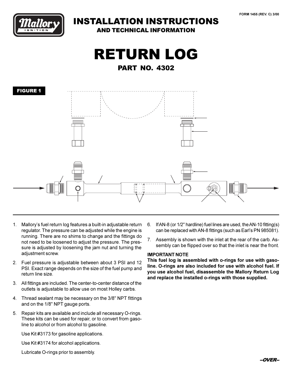 Mallory Ignition Mallory RETURN LOG 4302 User Manual | 2 pages