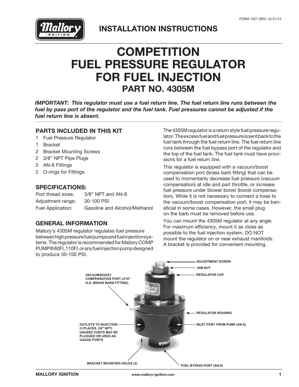 Mallory Ignition Mallory COMPETITION FUEL PRESSURE REGULATOR FOR FUEL INJECTION 4305M User Manual | 2 pages