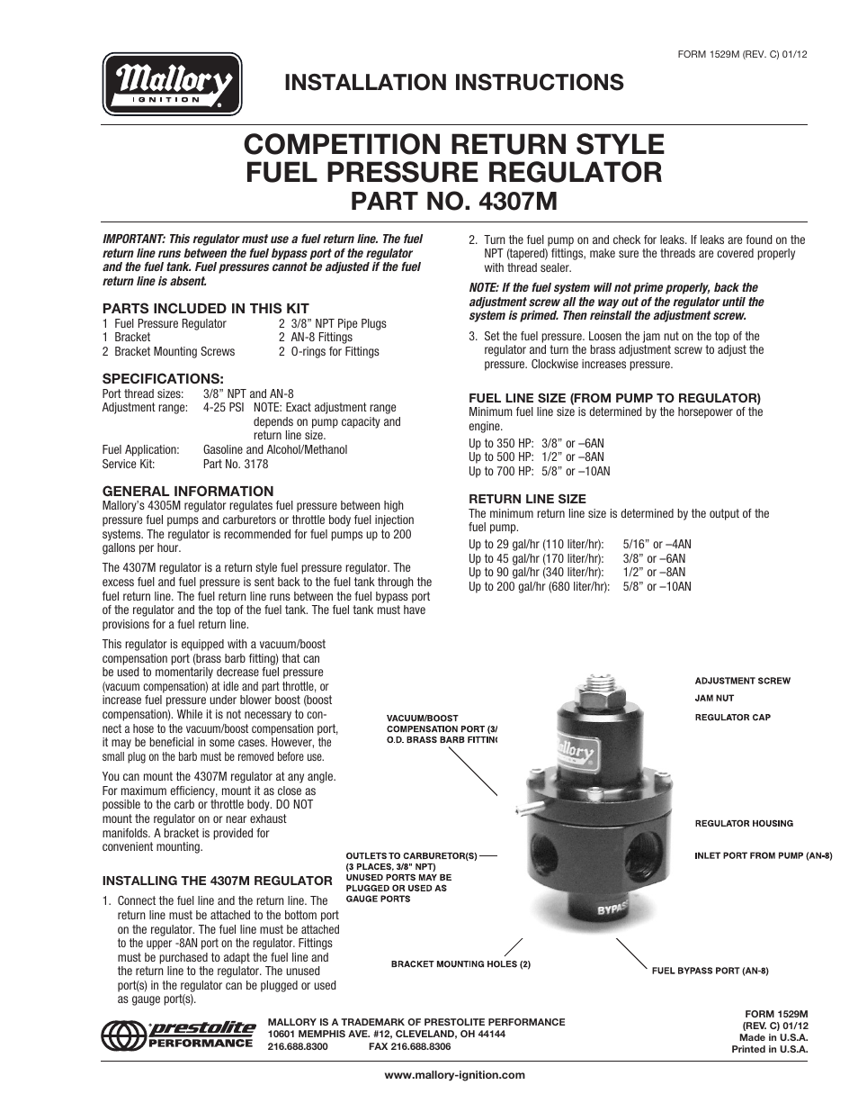 Mallory Ignition Mallory COMPETITION RETURN STYLE FUEL PRESSURE REGULATOR 4307M User Manual | 1 page