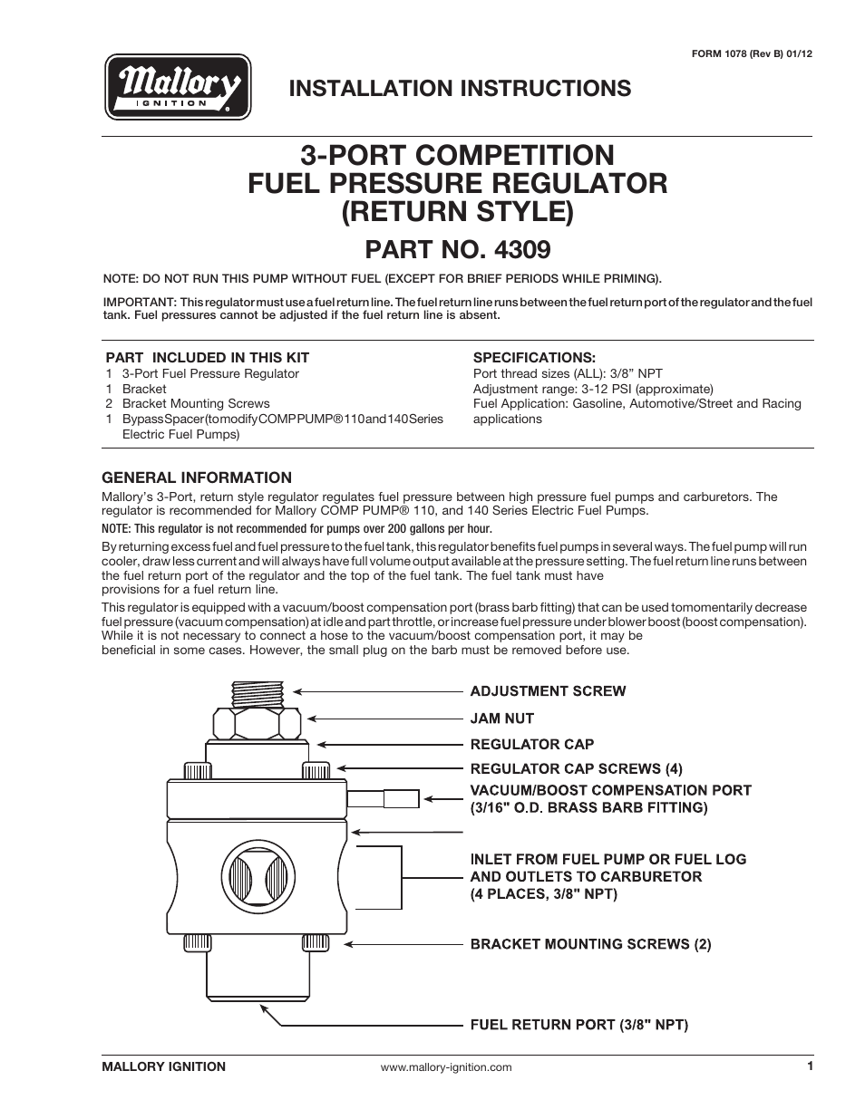 Mallory Ignition Mallory 3-PORT COMPETITION FUEL PRESSURE REGULATOR (RETURN STYLE) 4309 User Manual | 4 pages