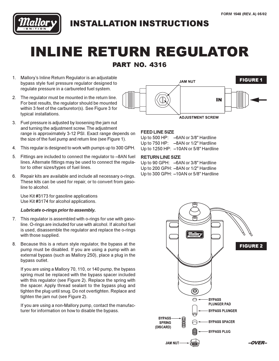 Mallory Ignition Mallory INLINE RETURN REGULATOR4316 User Manual | 2 pages