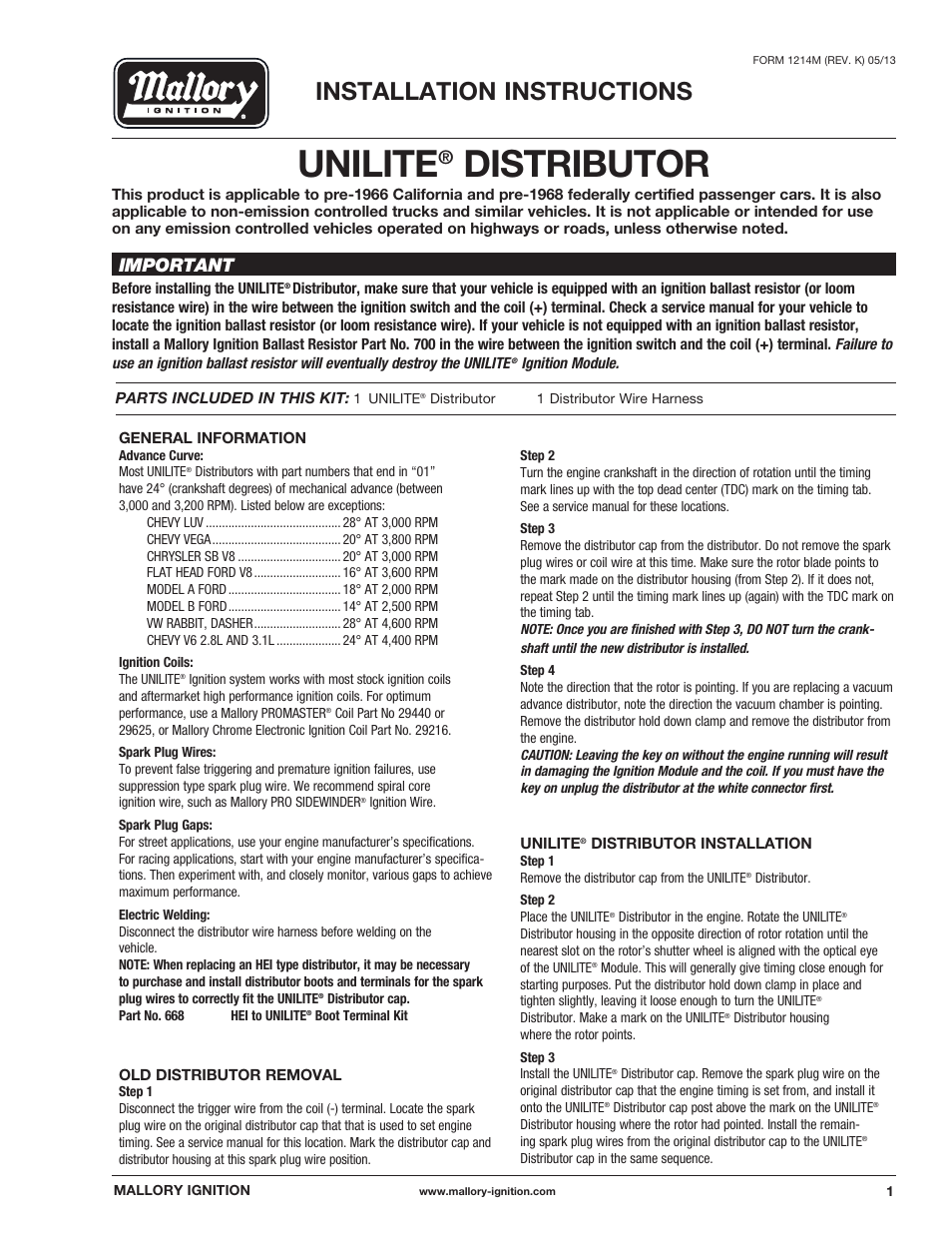 Mallory Ignition Mallory UNILITE DISTRIBUTOR 37_38_45_47 User Manual | 4 pages