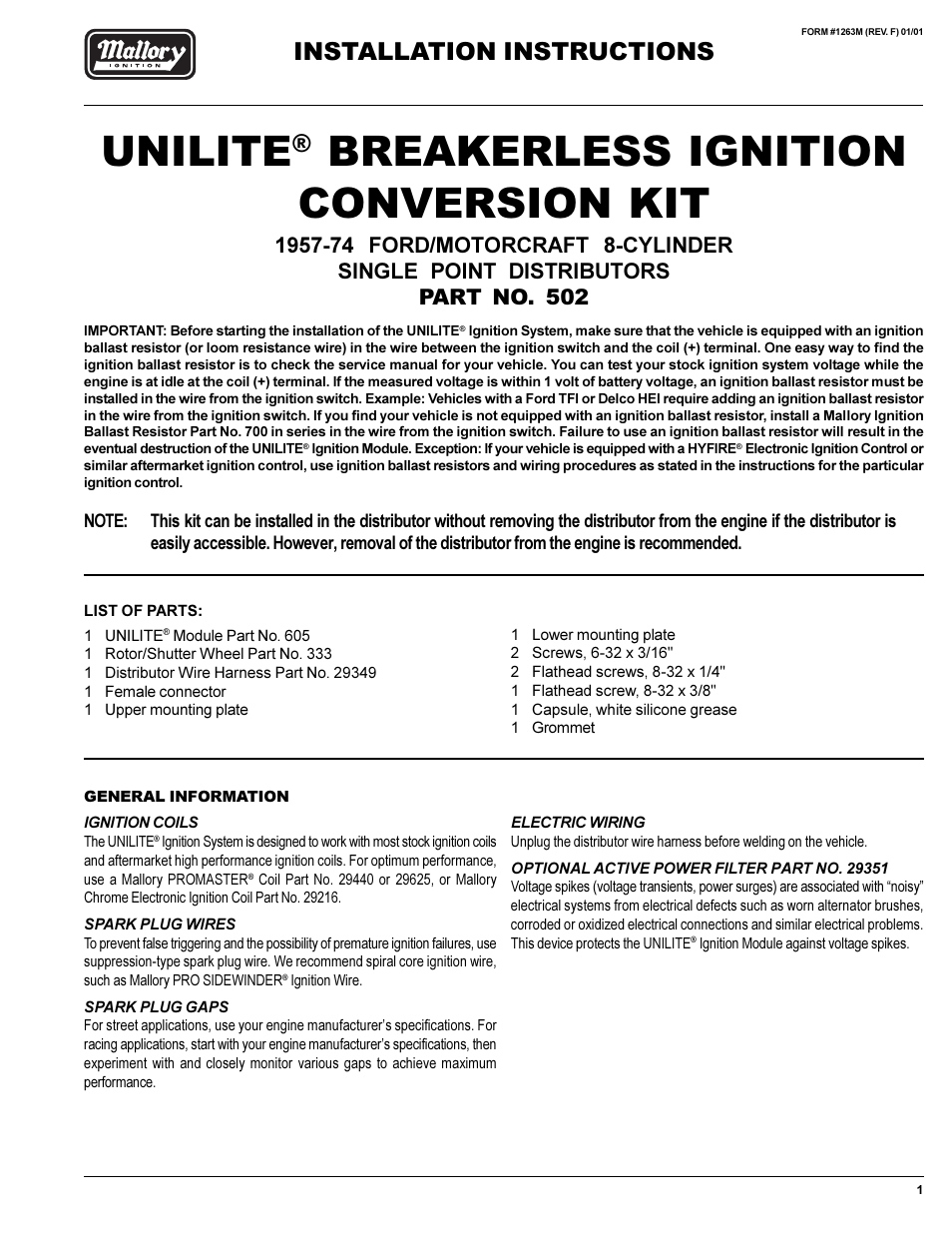 Mallory Ignition Mallory unilite conversion kit 502m User Manual | 4 pages