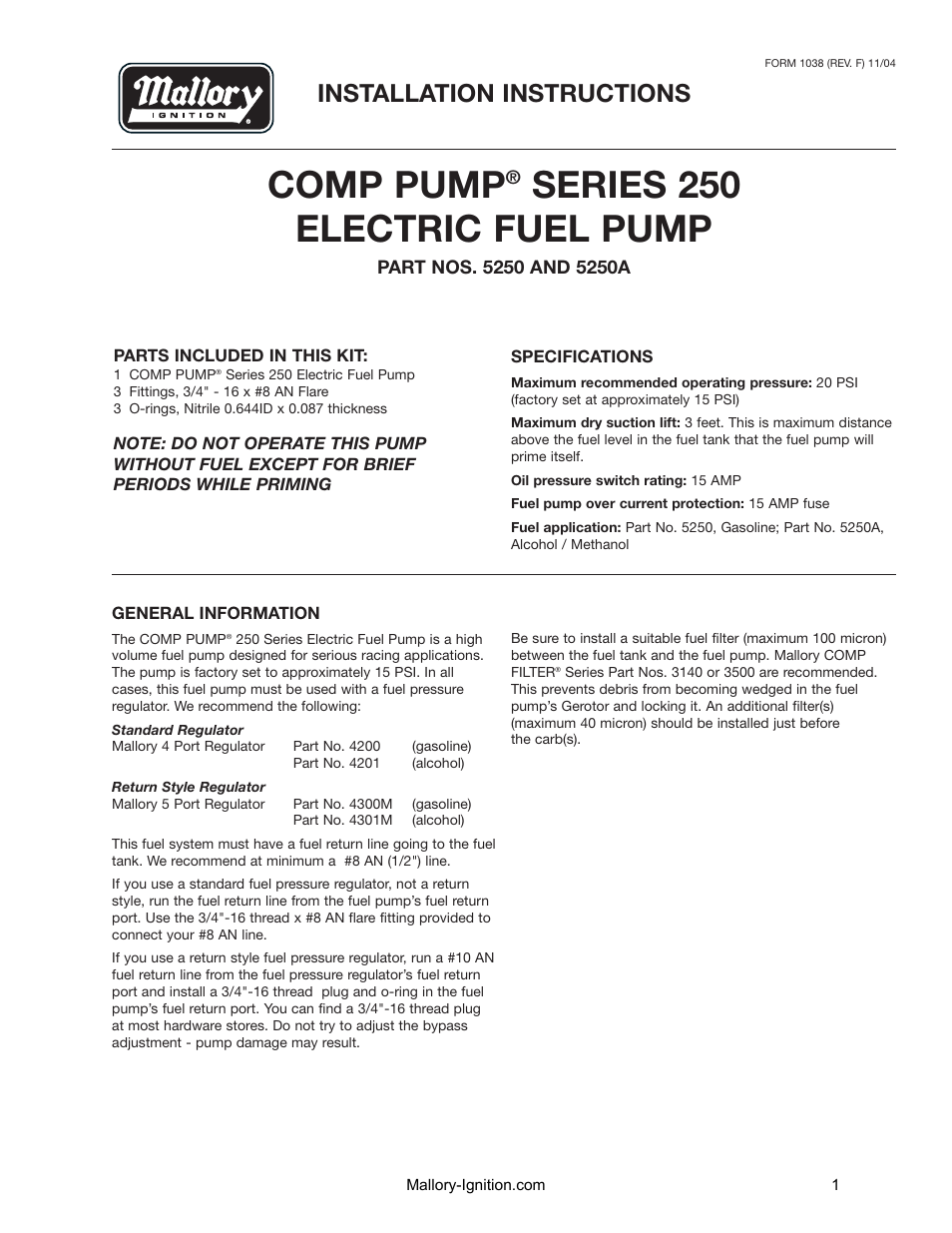 Comp pump, Series 250 electric fuel pump, Installation instructions | Mallory Ignition Mallory ELECTRIC FUEL PUMP 5250_5250A User Manual | Page 2 / 7