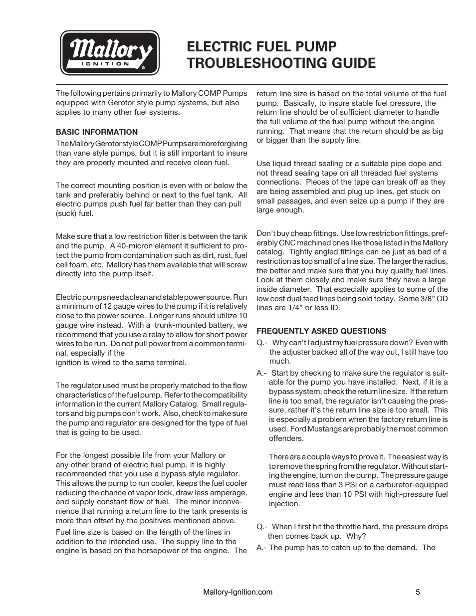 Electric fuel pump troubleshooting guide | Mallory Ignition Mallory ELECTRIC FUEL PUMP 5250_5250A User Manual | Page 6 / 7