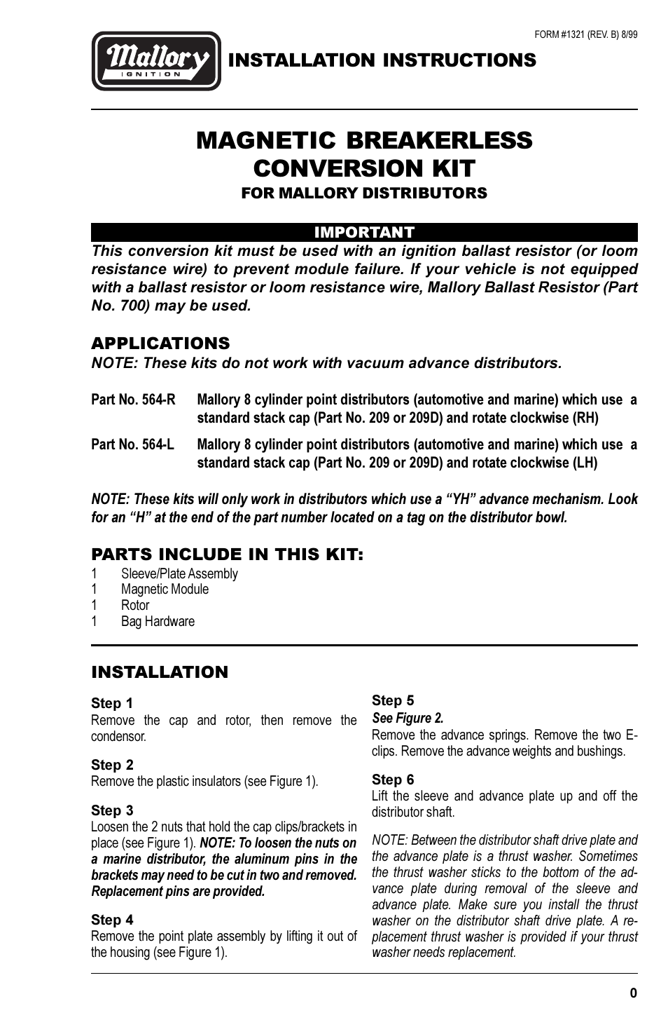 Mallory Ignition Mallory MAGNETIC BREAKERLESS CONVERSION KIT 564R_564L User Manual | 4 pages