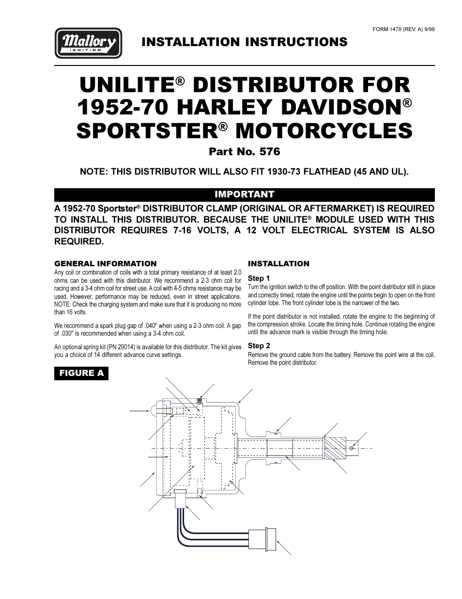 Mallory Ignition Mallory UNILITE DISTRIBUTOR 576 User Manual | 2 pages