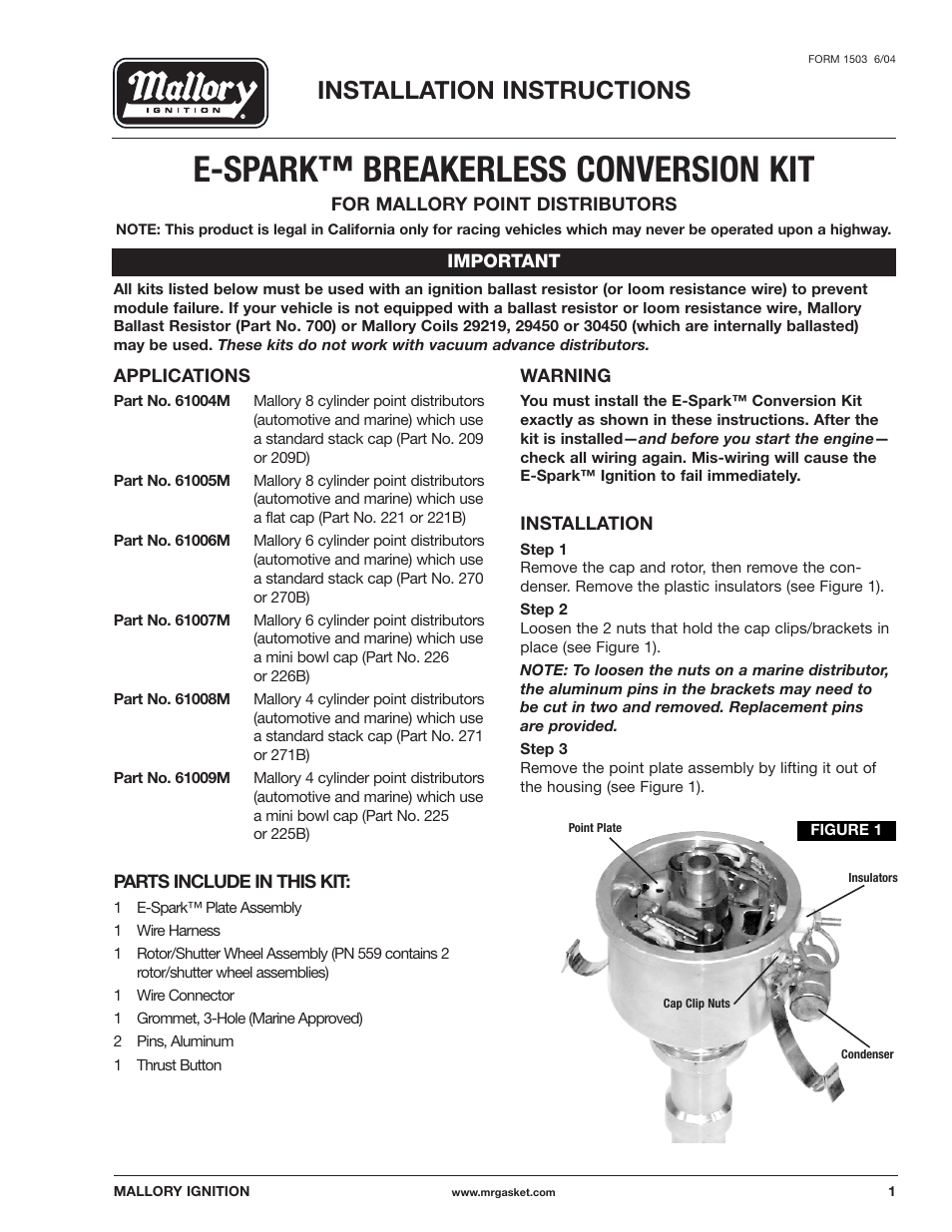 Mallory Ignition Mallory E-SPARK BREAKERLESS CONVERSION KIT 61008M_61009M User Manual | 4 pages