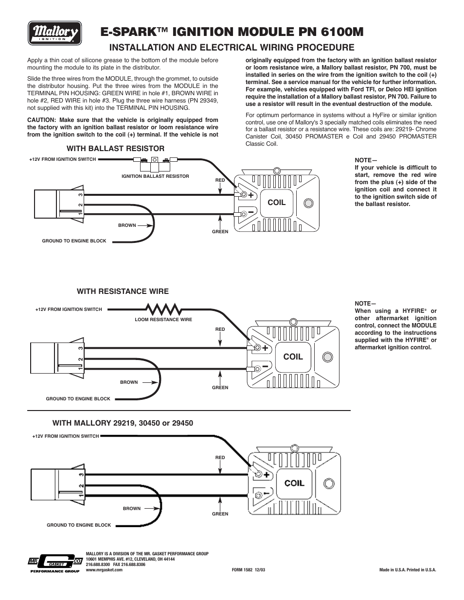 Mallory Ignition Mallory E-SPARK IGNITION MODULE 6100M User Manual | 1 page