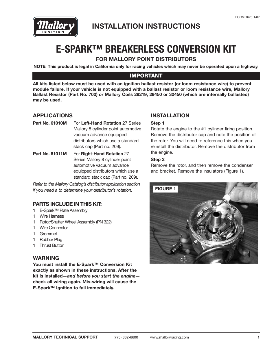 Mallory Ignition Mallory E-SPARK BREAKERLESS CONVERSION KIT 61010M_61011M User Manual | 8 pages