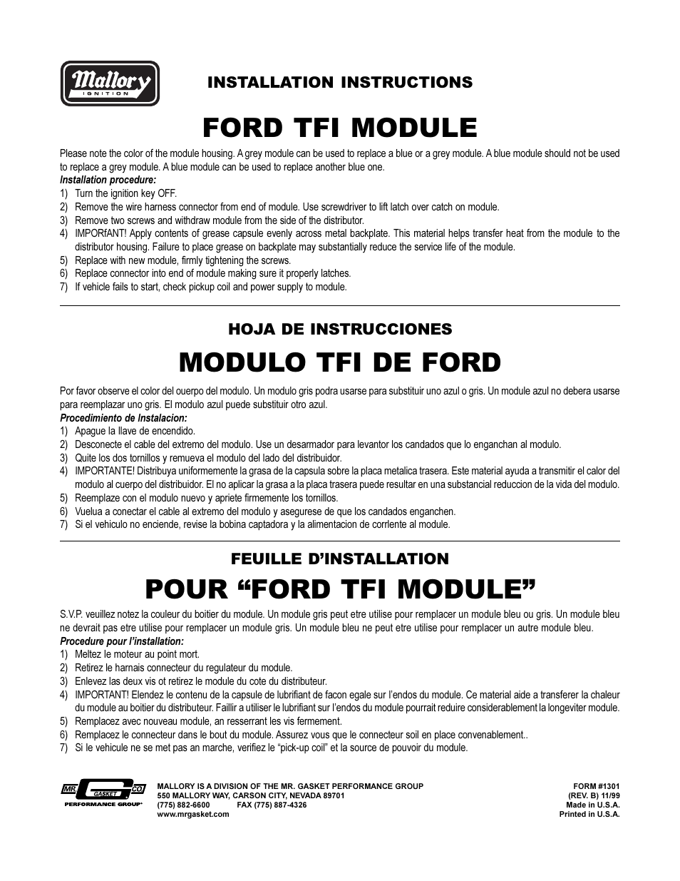 Mallory Ignition Mallory FORD TFI MODULE 613 User Manual | 1 page